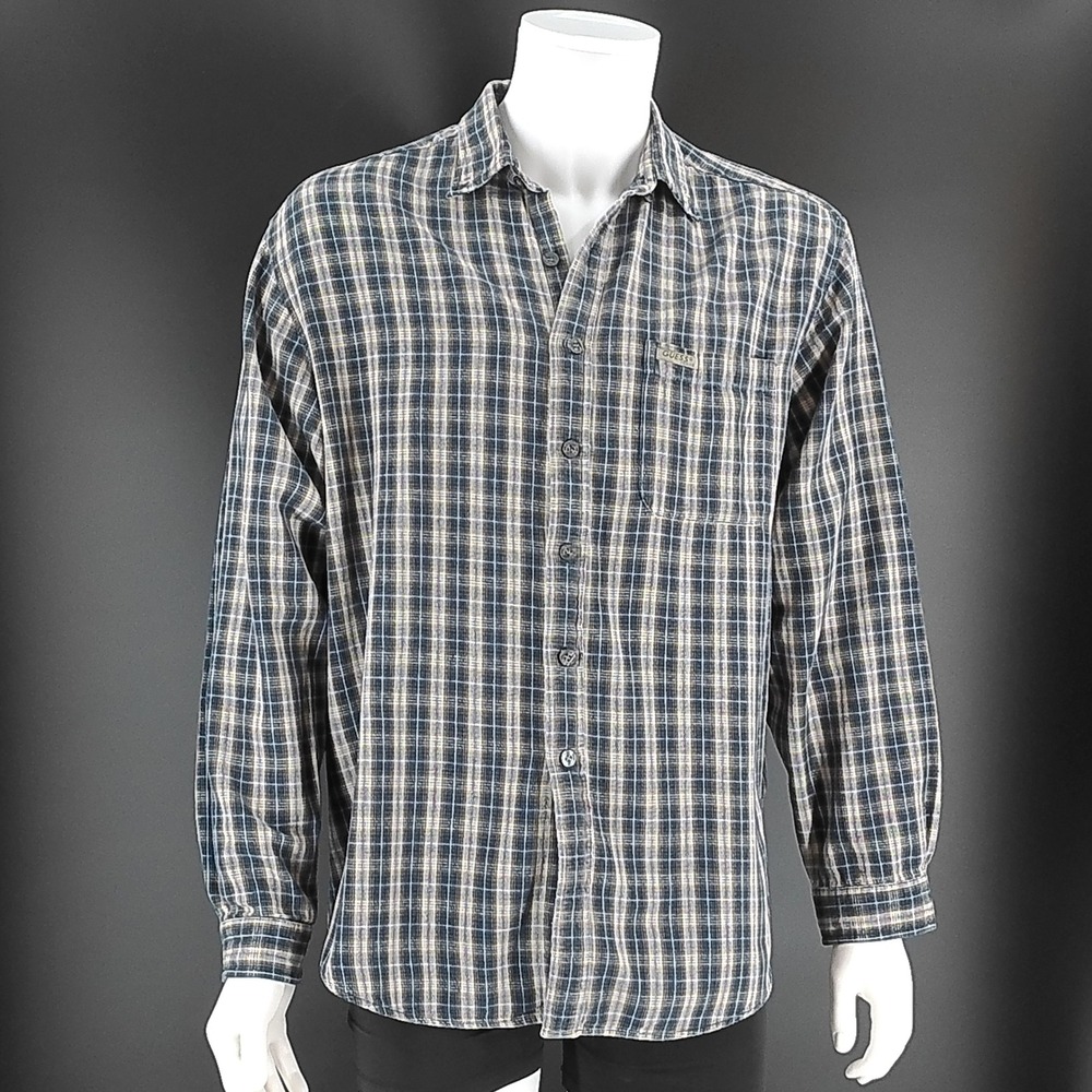 Vintage Guess Jeans Mens Plaid Button Down Shirt Blue Grey 100% Cotton 82421T73